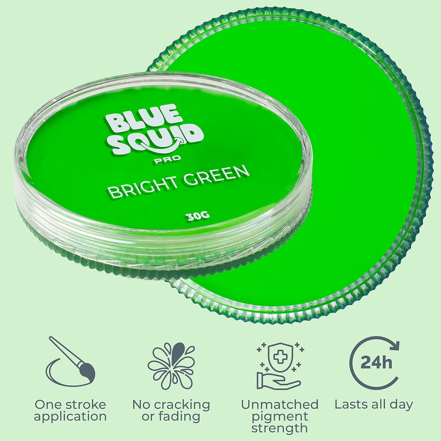 Blue Squid PRO Face Paint - Professional Water Based Single Cake Facepaint & Body Paints - SFX Makeup, Kids Adults Face Painting for Costume, Halloween, Cosplay - Classic Bright Green 30g / 1oz