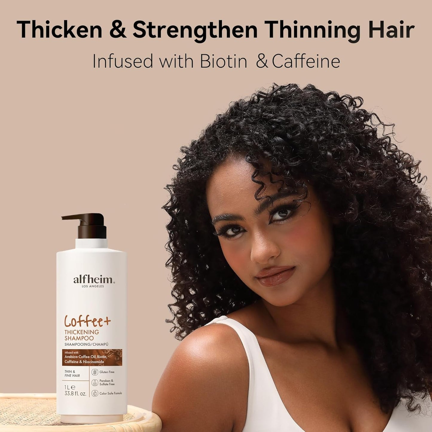 ALFHEIM Coffee+ Thickening Shampoo for Fine, Thin & Weak Hair with Caffeine, Biotin & Arabica Coffee Oil, Energizing, Strengthening & Volumizing Cleanser, Paraben-Free, Sulfate-Free, 33.8 oz / 1000 ml