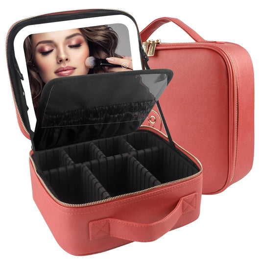 MOMIRA Travel Makeup Bag Cosmetic Bag Makeup Organizer Bag with Lighted Mirror, Adjustable Brightness in 3 Color Scenarios, Waterproof Makeup Train Case, Gift for Women - Red