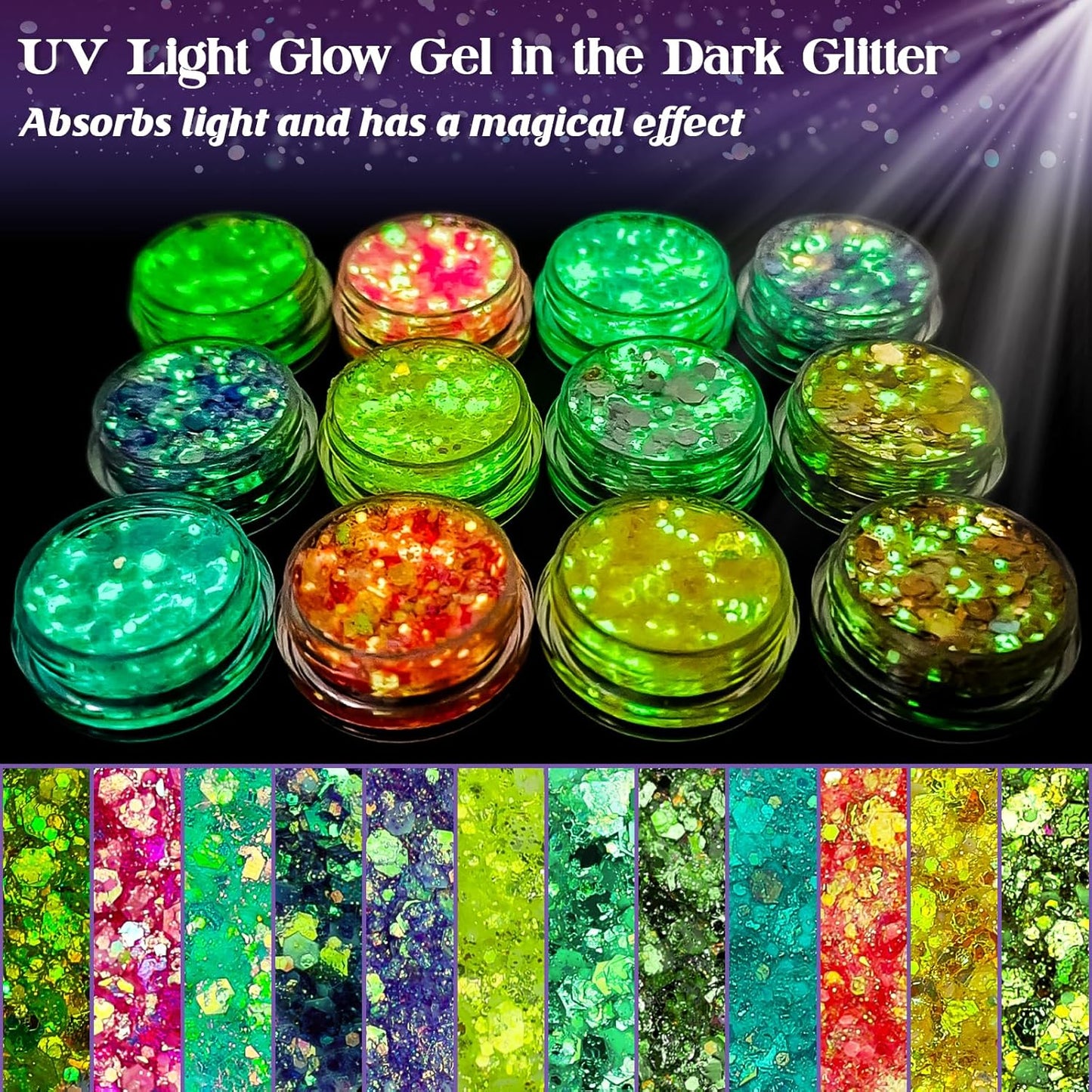 12 Colors Makeup Body Glitter Gel and Face Glitter Gel, Glow in The Dark for Hair and Eyeshadow, UV Black Light for Raves Festivals, Makeup for Women and Kids