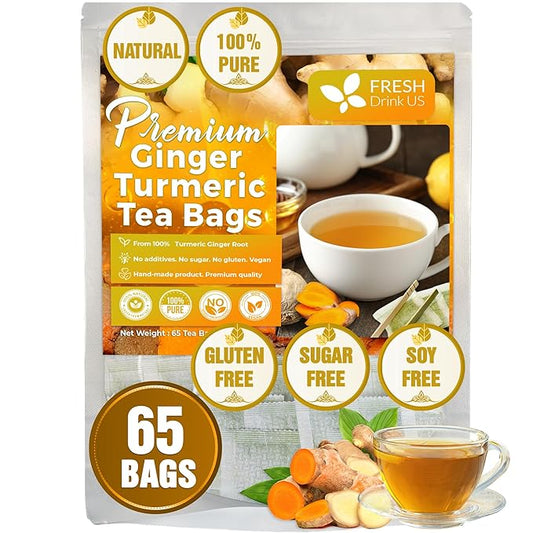 FRESHDRINKUS Premium 65 Turmeric Ginger Tea Bags, 100% Natural Ingredients, Hand-made Blend of and Ginger, Eco-conscious Bags. Herbal Tea. No Sugar, Caffeine, Gluten, Vegan.
