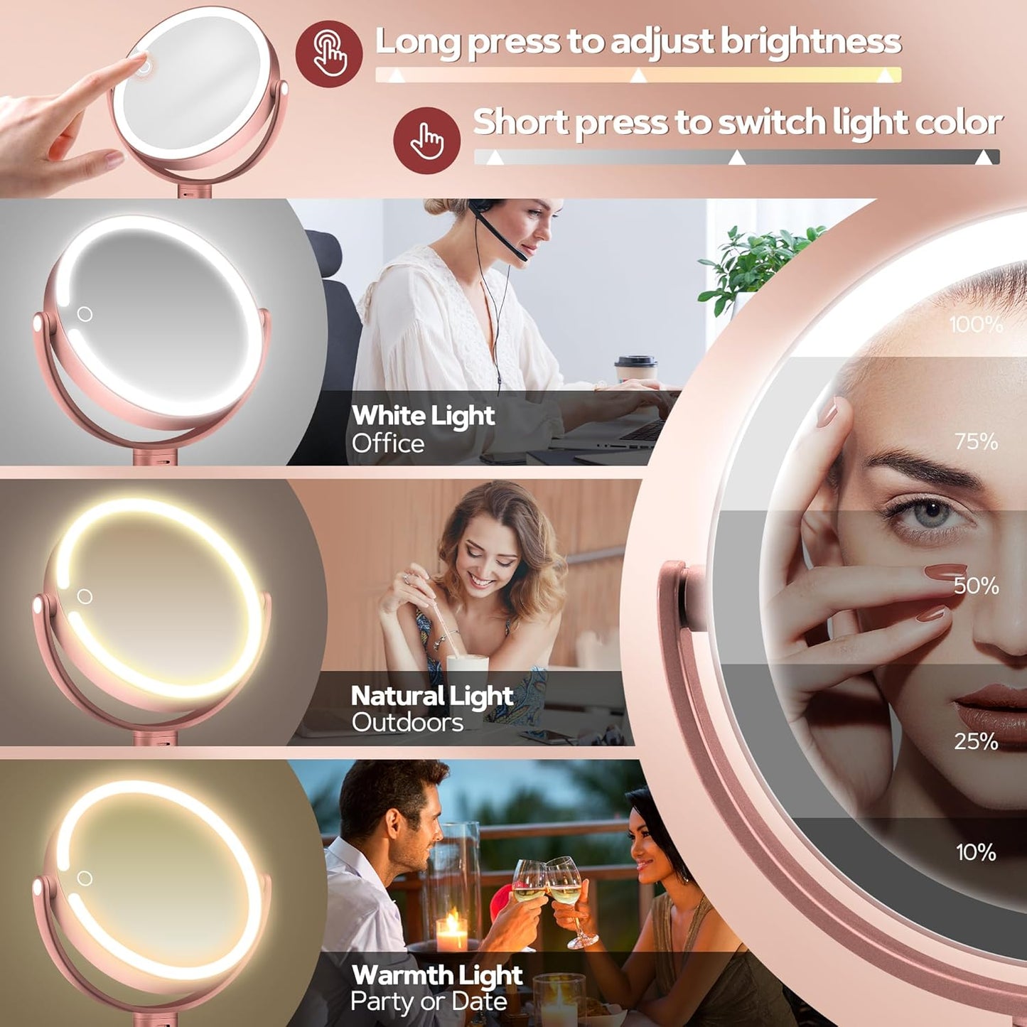 B Beauty Planet Makeup Mirror with Lights, Lighted Magnifying Mirror 30X with 3 Lighting and Adjustable Brightness, 2-Sided Height Adjustable Vanity Mirror for Bathroom, Gifts for Women Rose Gold