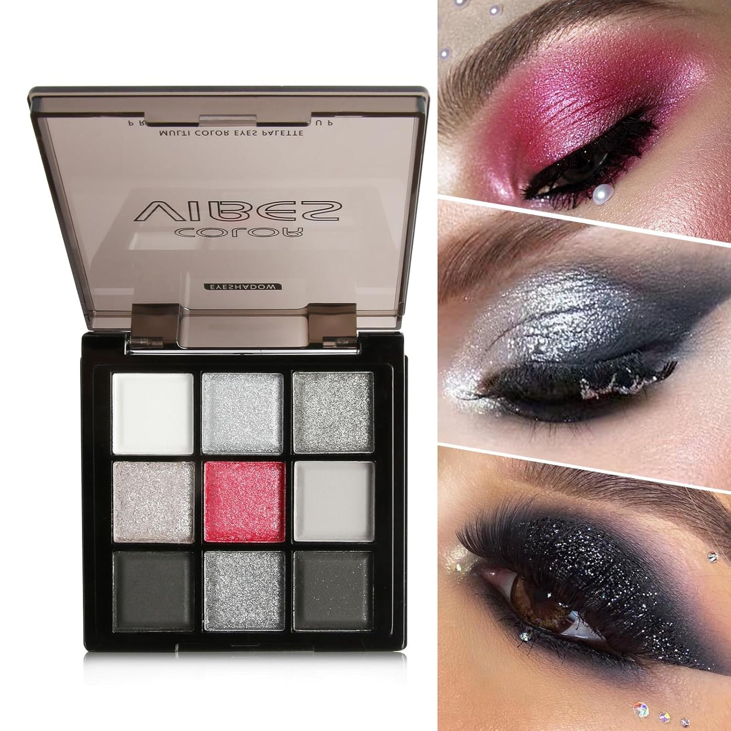 9 Colors Smoky Eyeshadow Palette – Silver, Black, Gray & Red Eyeshadow for Bold Eye Looks, Highly Pigmented Glitter & Matte Shades, 24-Hour Long-Lasting Waterproof Formula, Easy to Blend Eye Makeup