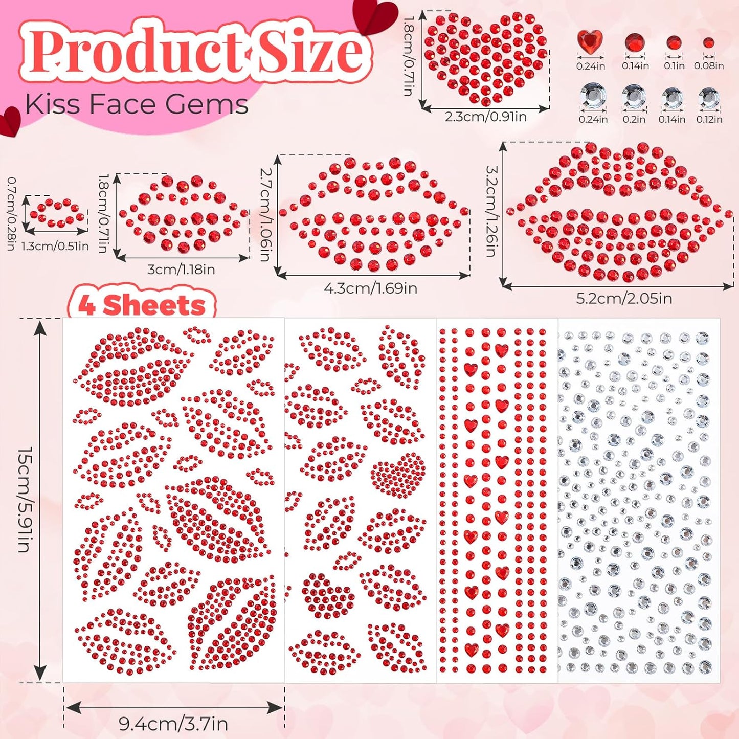 YGDZ Face Gems Self-Adhesive Face Jewels Stickers, Red Lip Hair Gems, Festival Kiss Jewels, Face Rhinestone Stickers for Makeup, Eye, Hair, Body, Rave Accessories, Stick on Gems for Kids, Women