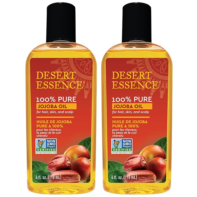 Desert Essence 100% Pure Jojoba Oil - 4 Fl Oz - Pack of 2 - Haircare & Skincare Essential Oil - All Skin Types - No Oily Residue - May Help Prevent Flakiness - Makeup Remover - Aftershave Moisturizer