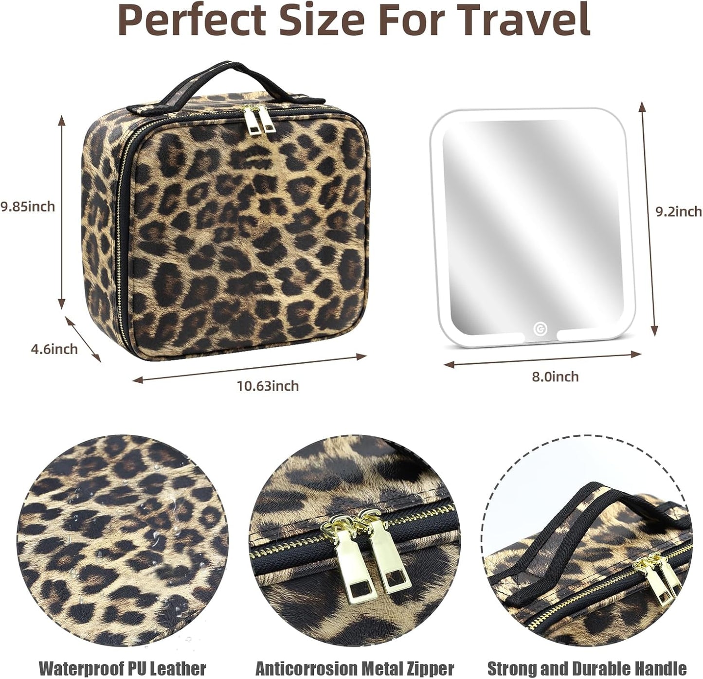 Makeup Bag with Magnetic Detachable Lighted Mirror, Travel Makeup Bag with Mirror 360° Angle, PU Leather Makeup Organizer Bag with Mirror and Lights, Portable Cosmetic Case Accessories Train Case Gift