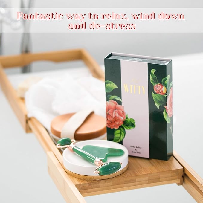 WITTY Jade Face Roller and Gua Sha Set in Hand-Drawn Giftbox - Gua Sha Stone, Face Massager Roller, Beauty Massage Face Scraper Tools - Guasha Tool for Face Roller Skin Care, Eyes, Neck - Extra Pouch