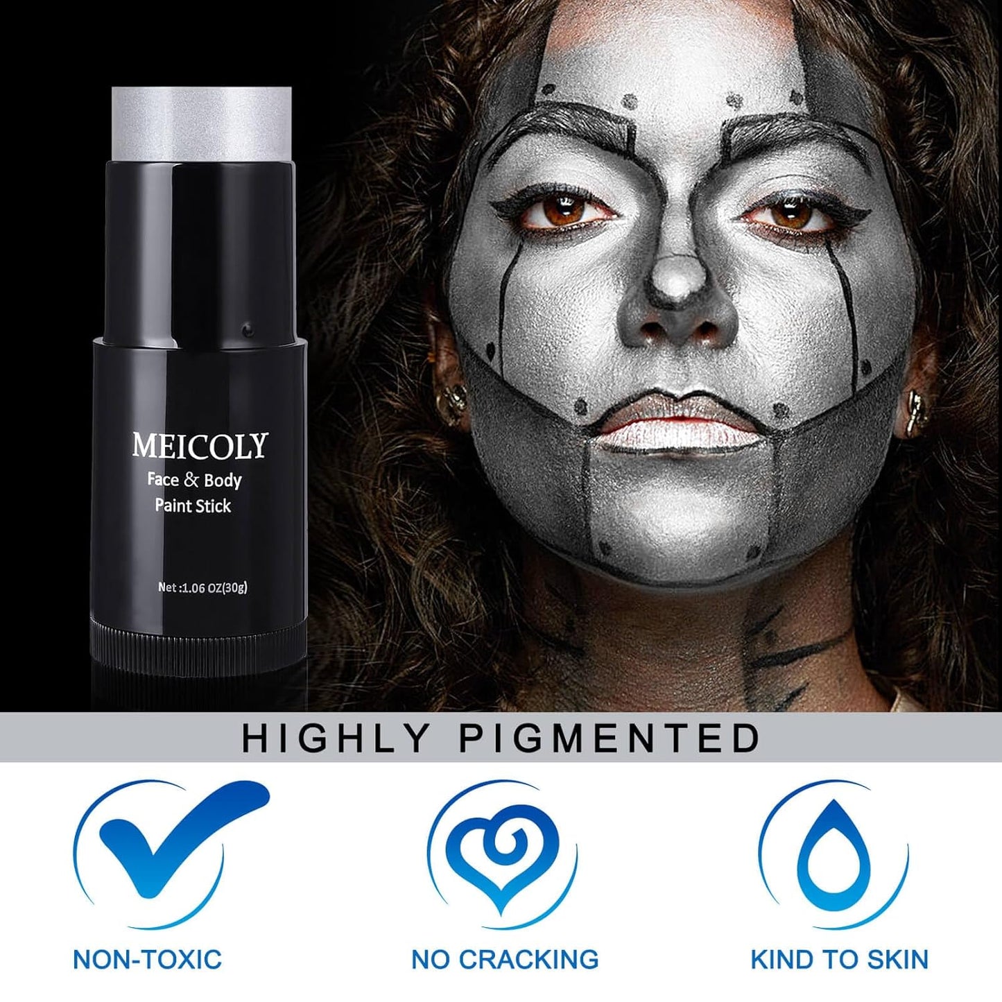MEICOLY Silver Face Body Paint Stick(1.06 Oz),Blendable Face Paint Stick for Halloween Tin Man Special Effects SFX Cosplay,Sweatproof Waterproof Eye Black for Baseball/Softball/Football