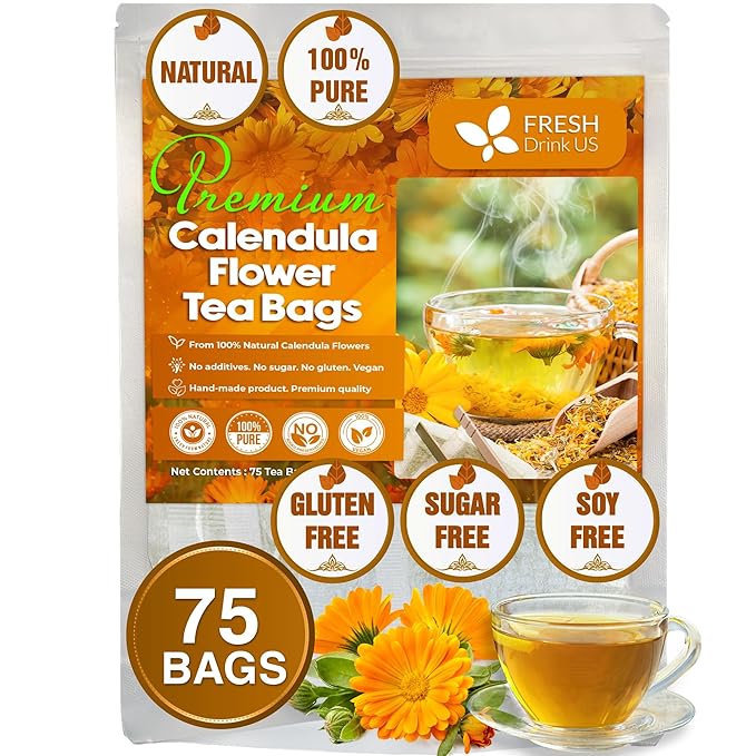 FRESHDRINKUS 75 Calendula Tea Bags, 100% Natural and Pure Calendula Flowers, Eco-conscious Tea Bags. Calendula Flower Herbal Tea. No Sugar, No Caffeine, No Gluten, Vegan.