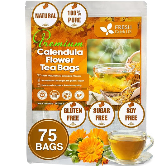 FRESHDRINKUS 75 Calendula Tea Bags, 100% Natural and Pure Calendula Flowers, Eco-conscious Tea Bags. Calendula Flower Herbal Tea. No Sugar, No Caffeine, No Gluten, Vegan.