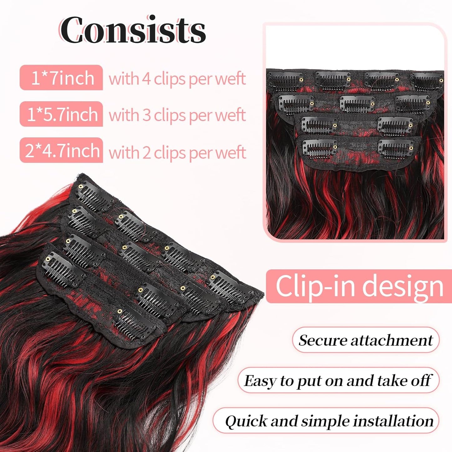 KooKaStyle Hair Extensions Black Mix Red Highlights 1B/113# Clip in Synthetic Highlight Hair Extensions Long Wavy 4PCS Thick Hairpieces 20 Inch for Women