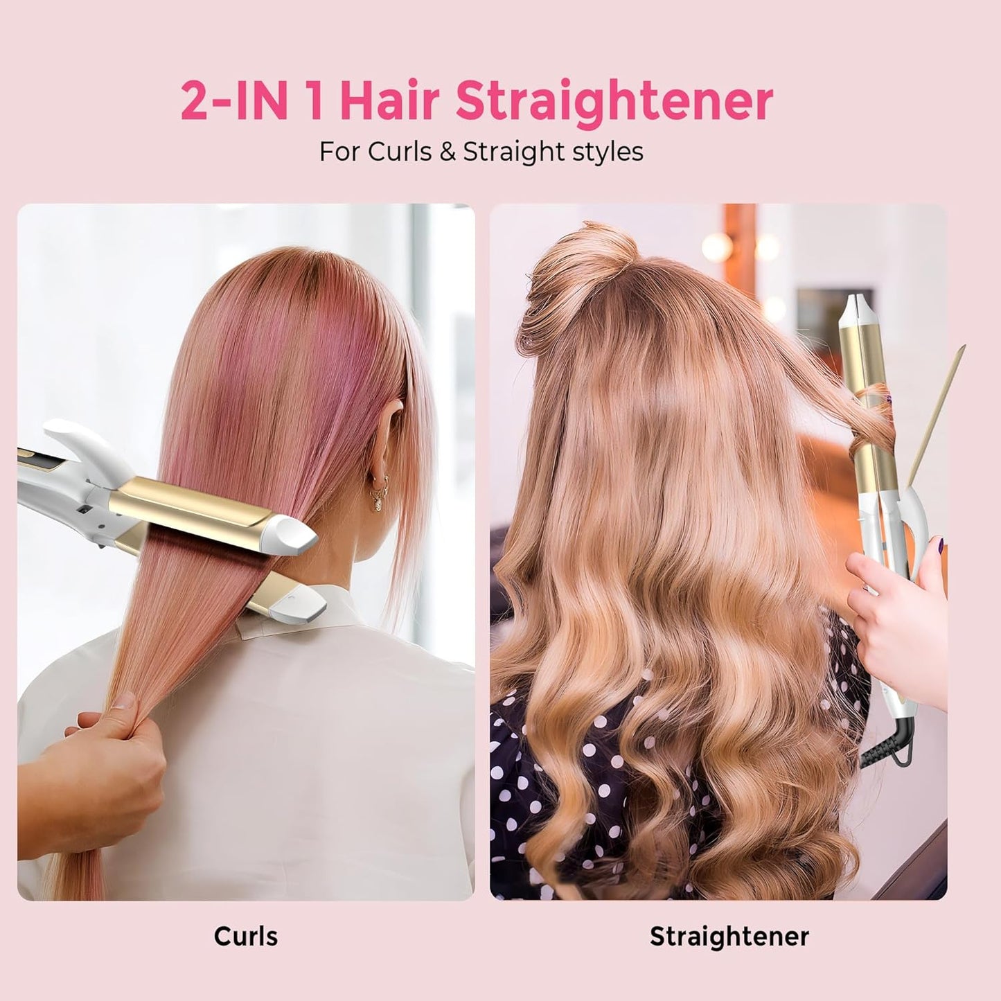 Dual Voltage Curling Iron Travel 2 in 1 Curl and Straightener (110V-240V) 1.25 Inch Normal Size Hair Curle Ceramic with EU/UK Plug Adapter Curling Wand Adjustable Temperature and Anti-Tangle