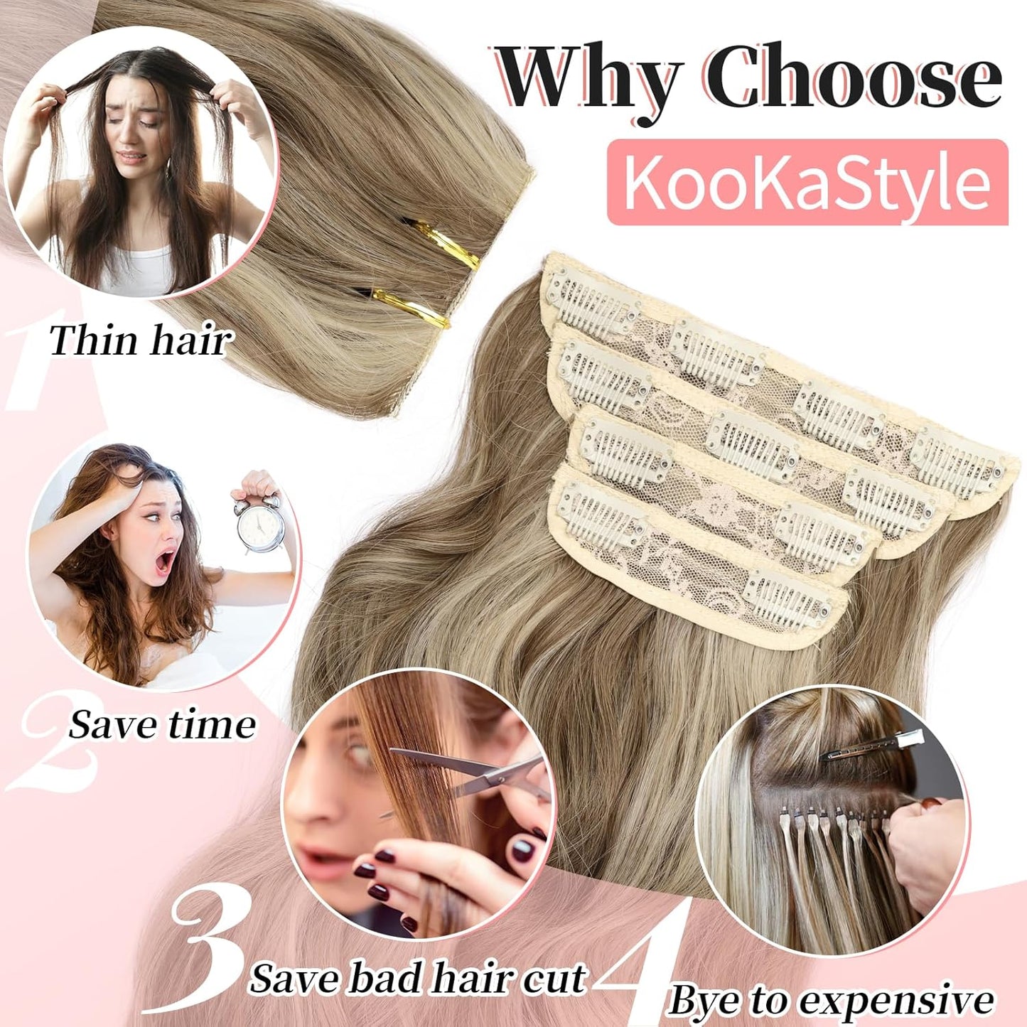 KooKaStyle Clip in Synthetic Hair Extensions Long Wavy 4PCS Thick Hairpieces Ash Blonde Balayage Fiber Double Weft Natural Hair Extensions 20 Inch for Women