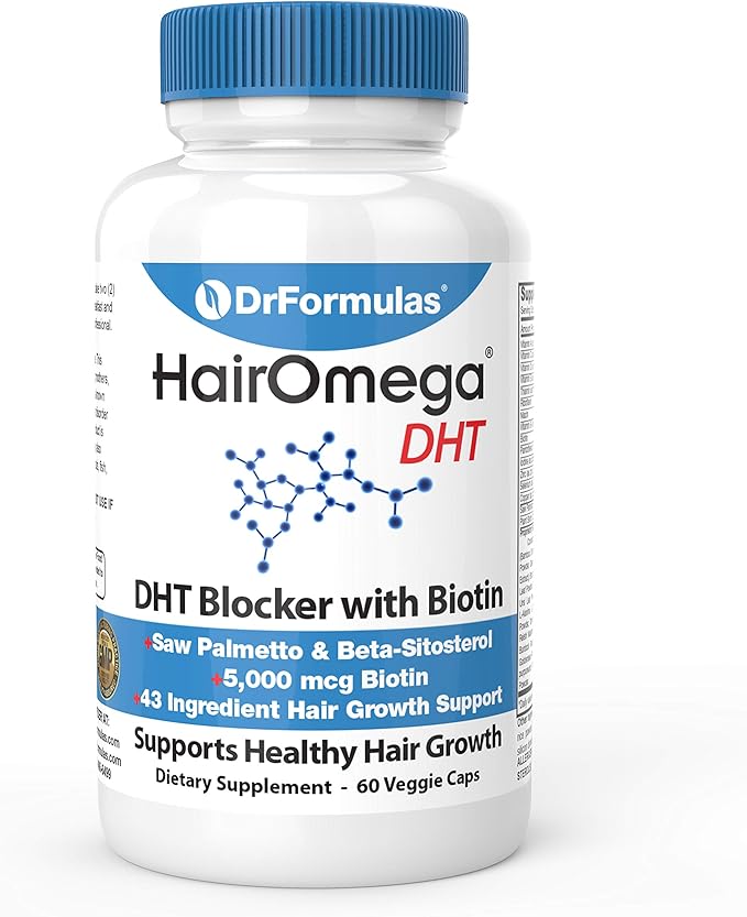 DrFormulas HairOmega DHT Blocker Biotin 5000 mcg Vitamins for Hair Growth Supplement | Hair Loss Pills for Women and Men, 30 Day Supply