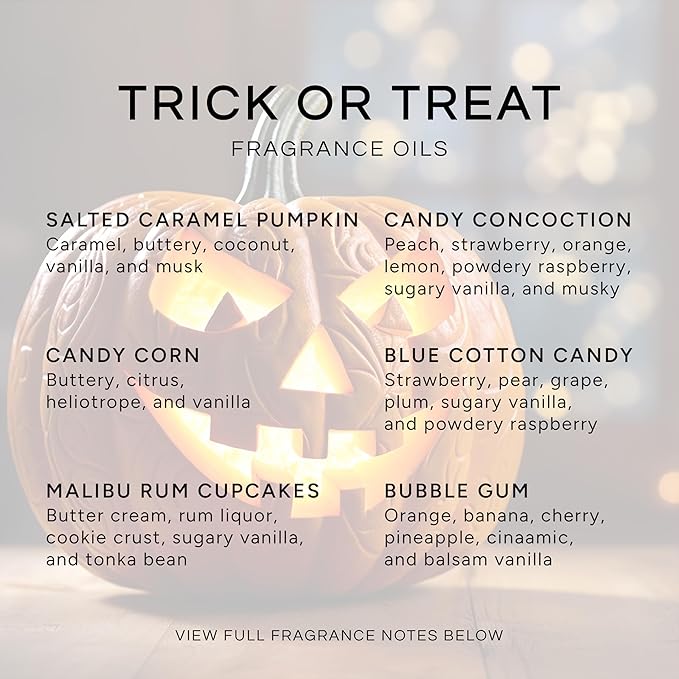 Eternal Essence Oils Trick Or Treat Set of 6 Premium Fragrance Oils - Salted Caramel Pumpkin, Candy Concoction, Bubble Gum, Malibu Rum Cupcakes, Candy Corn, and Blue Cotton Candy Scented Oils - 10ML