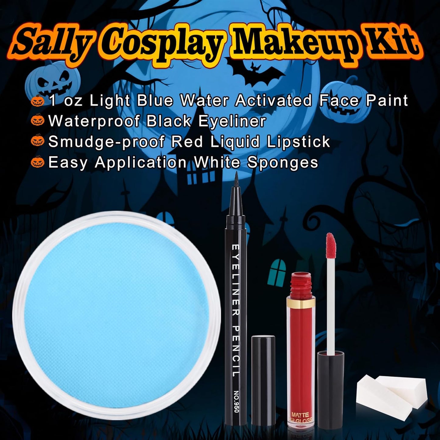 Sally Makeup Kit, Sally Face Costume Cosplay Accessories for Women Girls, Corpse Bride Costume Makeup Kit, Water Activated Light Blue Face Body Paint+Red Lipstick+Black Eyeliner+Sponges