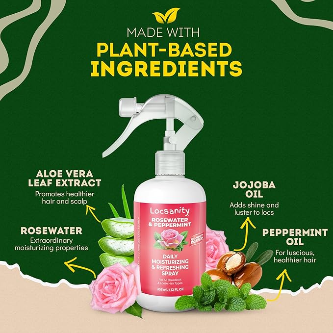 Locsanity Daily Moisturizing Refreshing Spray - Rose Water and Peppermint Hair Scalp Moisturizer for Locs and Dreadlocks (12oz)