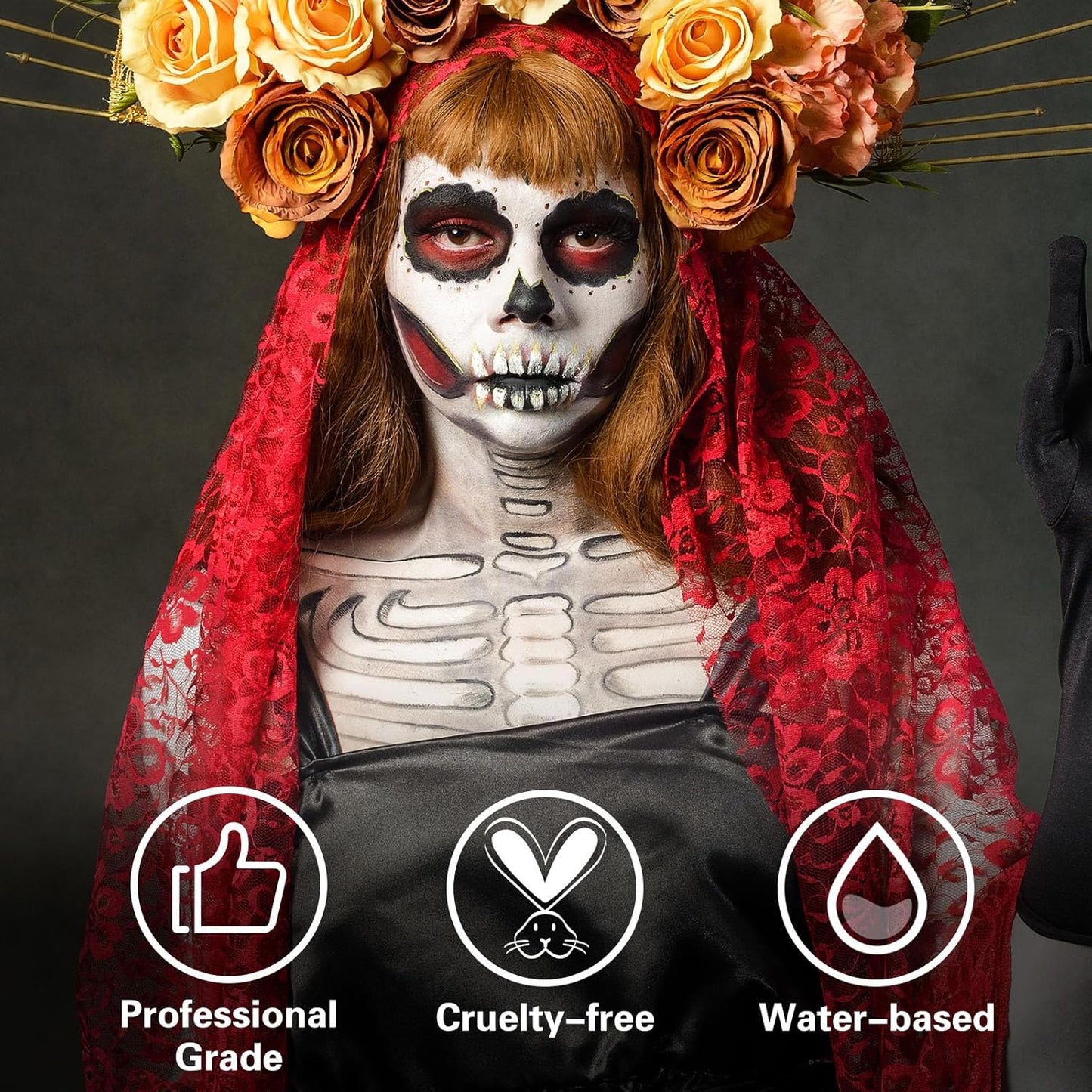 BOBISUKA Black + White + Red Face Body Paint Kit, Water Based Face Painting for Halloween Clown Skeleton Joker Zombie Mime Sugar Skull Makeup for Women Adults, Non-Toxic Washable