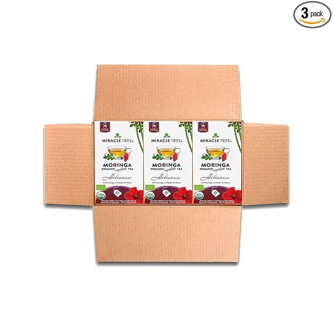 Miracle Tree - 3 Count of Organic Moringa Superfood Tea, 25 Individually Sealed Tea Bags, Hibiscus (Keto, Detox, Energy/Immunity Booster, Vegan, Gluten-Free, Organic, Non-GMO, Caffeine-Free)