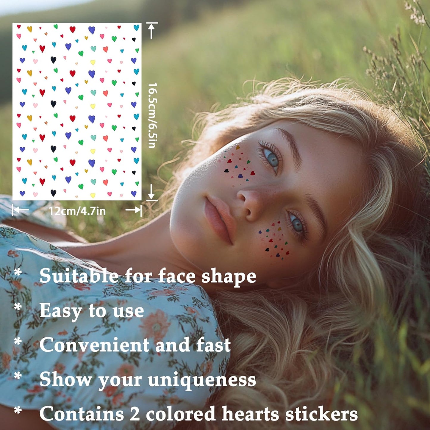 2pcs Makeup Stickers, Waterproof Face Colorful Love Heart Temporary Tattoo Stickers, Masquerade Stickers， Wedding Face Makeup Stickers for Women.