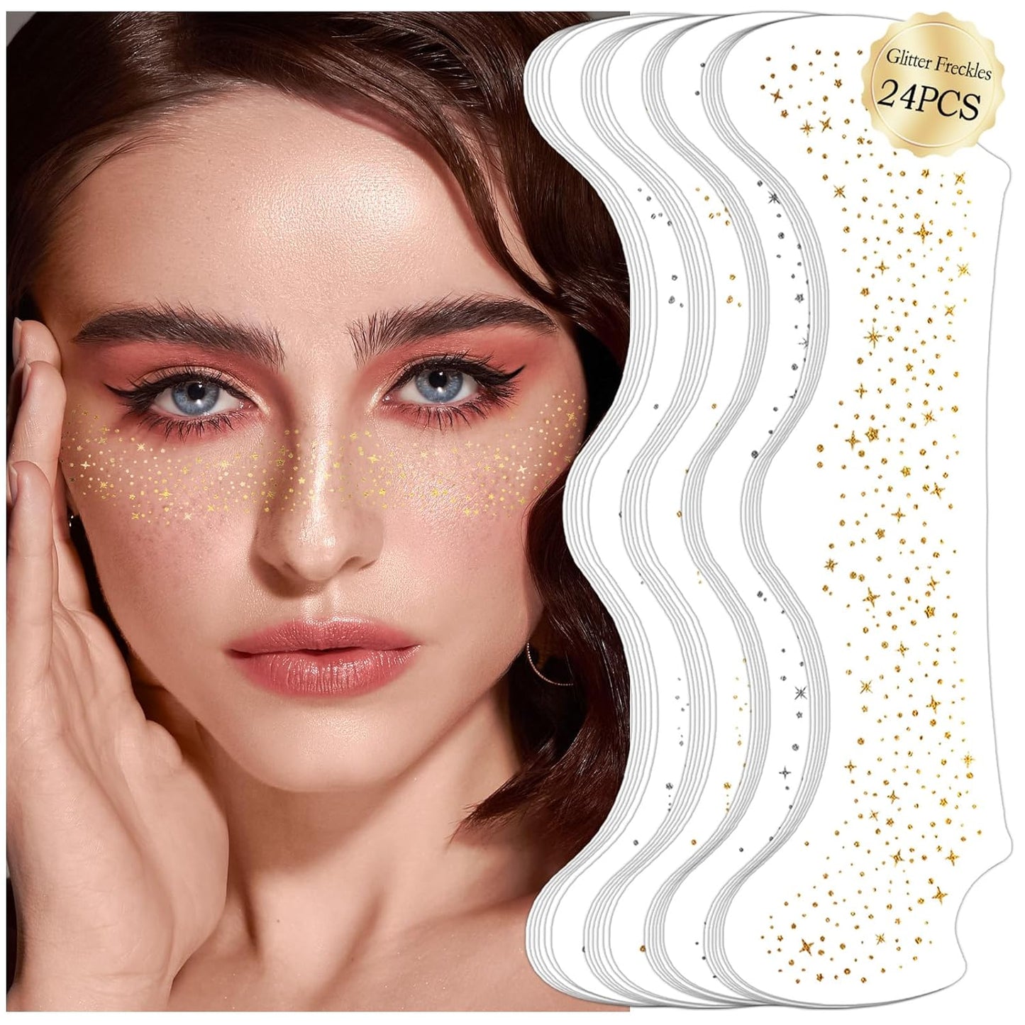 24 Sheets Gold and Silver Face Glitter Freckles Face Tattoo, Sparkle Speckles Patches Waterproof Temporary Tattoo, Glitter Fake Freckles Face Makeup Patches For Women Girls Festival Party Face Decor