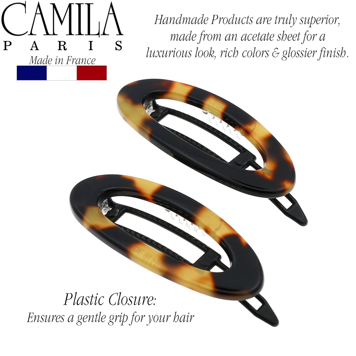 Camila Paris CP1993/2 French Hair Barrette Clip for Women, Handmade, Side Slide-in Metal-Free Closure Strong Hold Grip Hair Clips for Girls, No Slip Durable Styling Hair Accessories, Made in France
