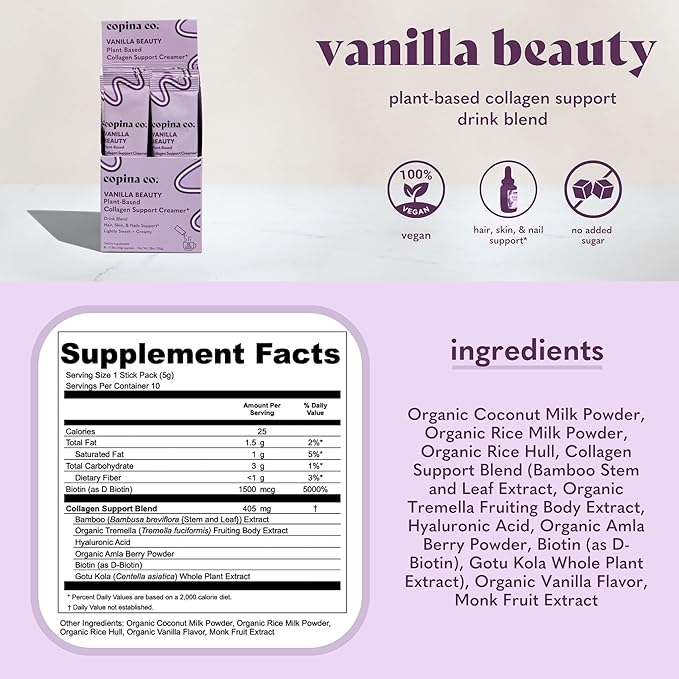 Vanilla Beauty Vegan Collagen Booster Creamer: Plant Based Collagen Support Smoothie Drink Vegan Blend Variety Pack | Vanilla Flavor | 10 Individual Stick Packs per Carton
