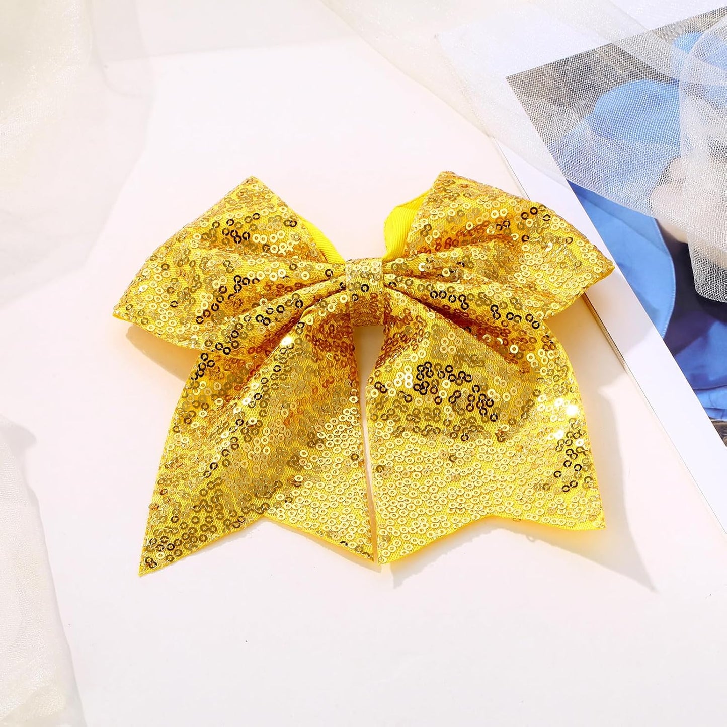 Large Big 7 Inch Glitter Bow Clip Sequin Bling Party Hair Accessories for Women Teens Girls Kids 3 Pcs (Yellow,Green,Blue)