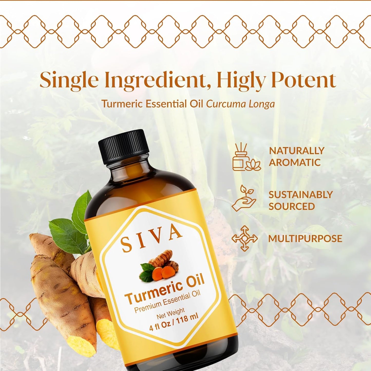 Siva Turmeric Essential Oil - 4 Fl Oz – 100% Natural Turmeric Oil - for Diffuser, Face, Skin Care, Aromatherapy, Hair Care, Scalp and Body Massage - with Dropper