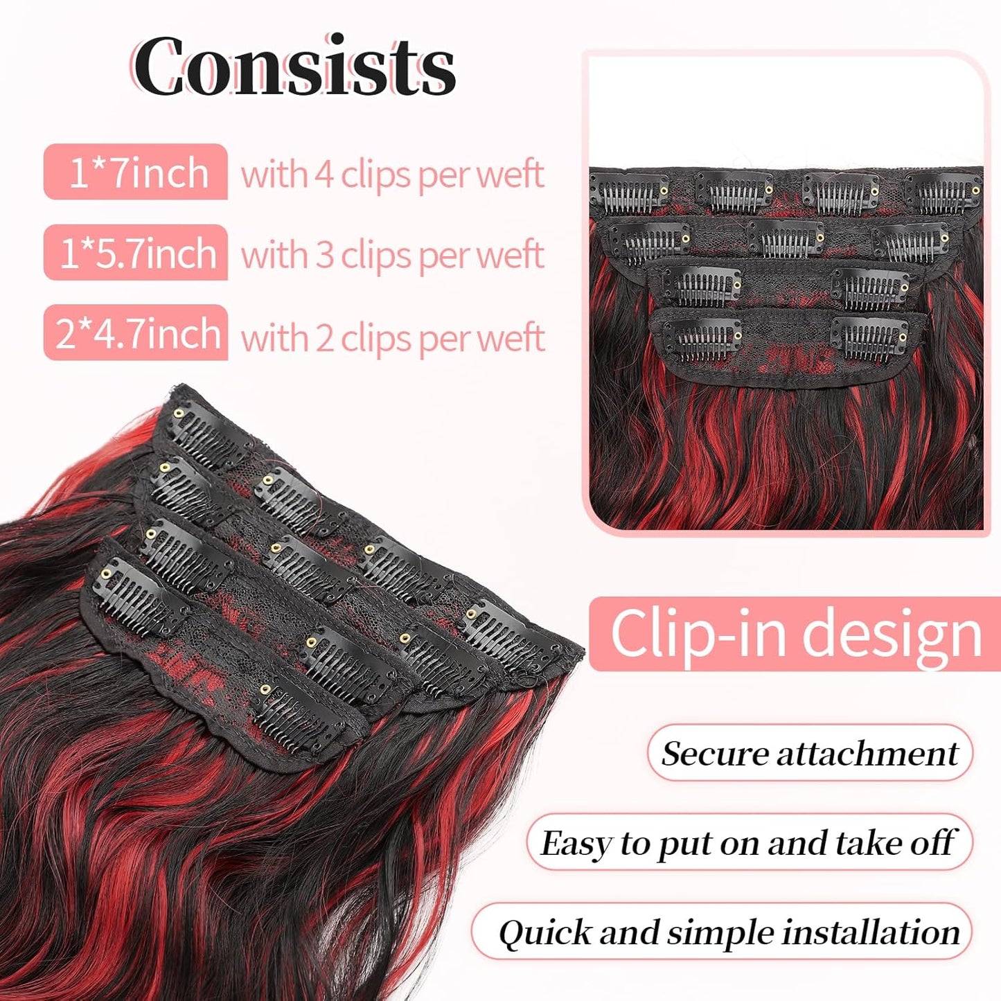 KooKaStyle Hair Extensions Black Mix Red Highlights 1B/113# Clip in Synthetic Highlight Long Wavy 4PCS Thick Hairpieces for Daily Use 24 Inch for Women