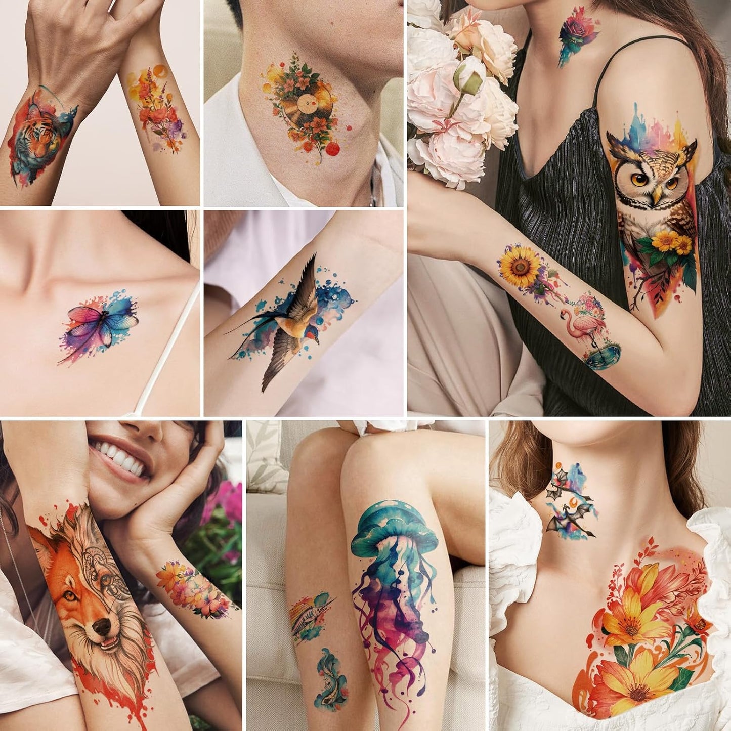 77 Sheets Temporary Tattoo, 17 Sheets Half Arm Flower Lion Tiger Cat Owl Parrot Waterproof Fake Tattoos for Adults Shoulder Neck, 60 Sheets Tiny Realistic Tattoo Sticker for Women Girls and Kids