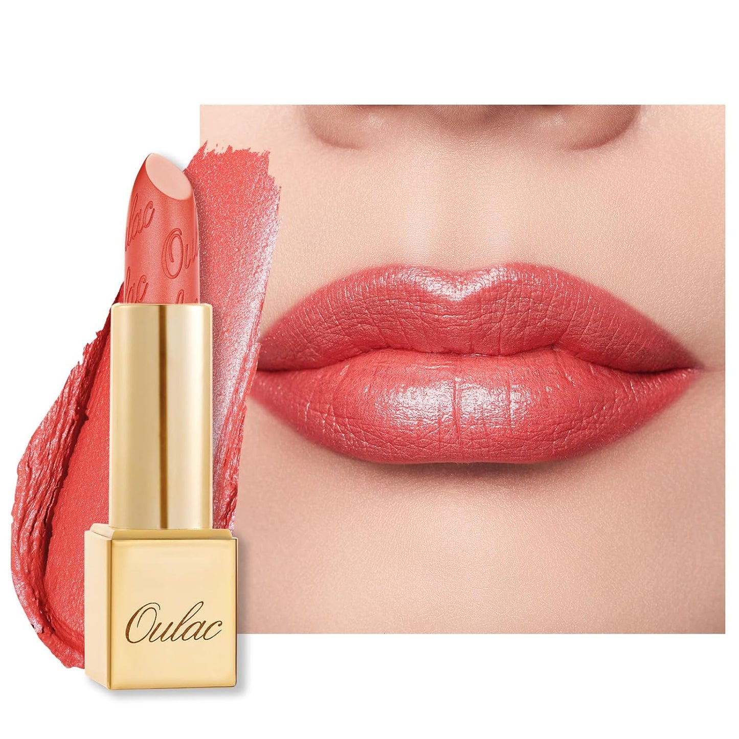 Oulac Coral Matte Lipstick with Glow Metallic Finish - Vegan Lipstick for Women, Creamy Texture, Hydrating Clean Beauty Formula, High-End Magnetic Hook Design, GM12 Celestial