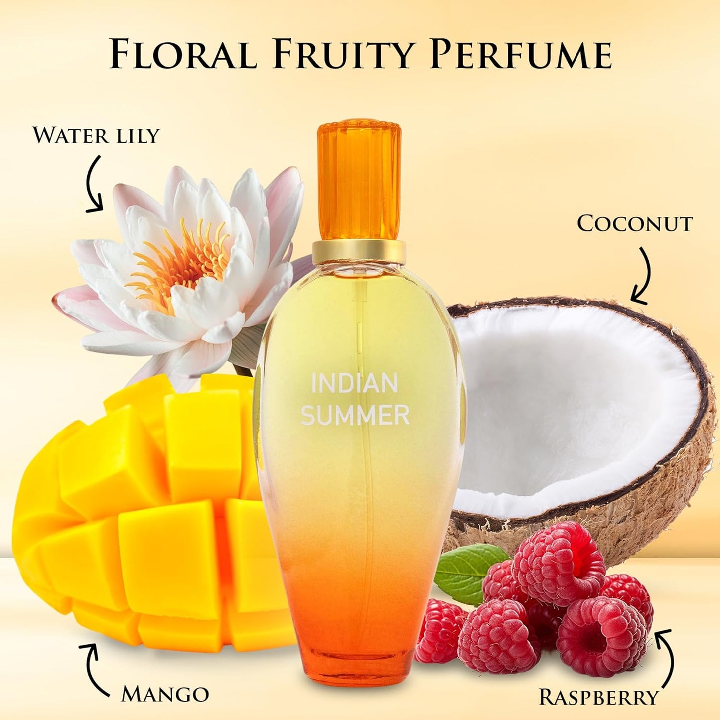 Indian Summer for Women 3.4 Fl Oz- Opening Scents of Mango, Nectarine & Orange - Sweet, Milky & Tropical Aromas of Coconut Blend - Base Notes of Sandalwood & Musk - Natural & Paraben Free, Parfume