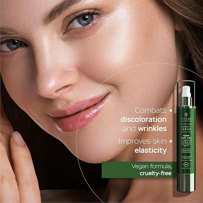 PM Night Serum W/Apple Stem Cells, Shea Butter, Green Tea, Chamomile Extract, Orange, Olive & Aloe Vera for Face - Retinol Anti-Aging & Moisturizing Facial Serum for Women - 1.7 Fl oz