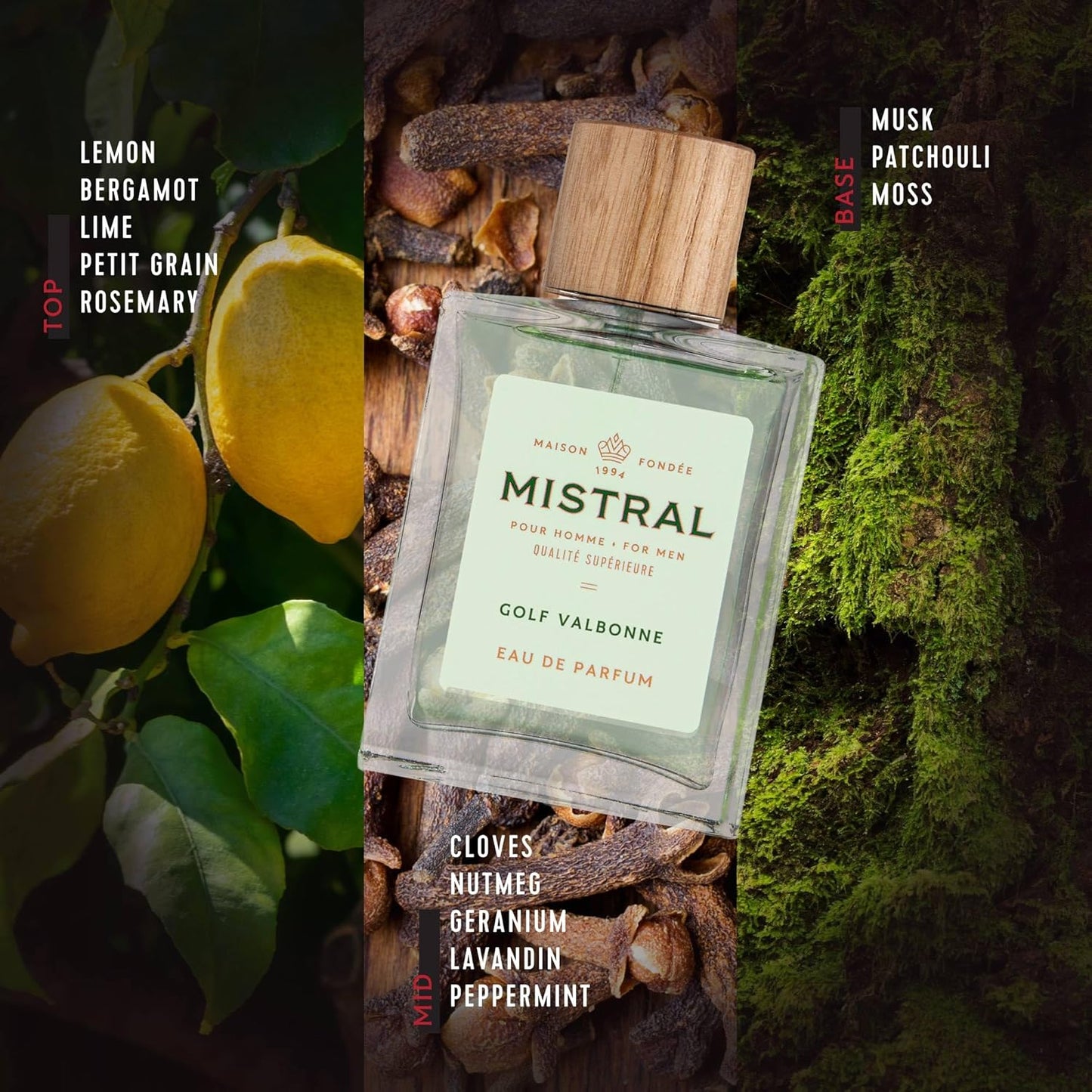 Mistral Men's Cologne - Golf Valbonne Eau de Parfum Spray | Long-Lasting Fresh Green & Citrus Fragrance with Bergamot, Mint & Moss | Cruelty-Free French Cologne for Men | Made in France - 3.4 Oz