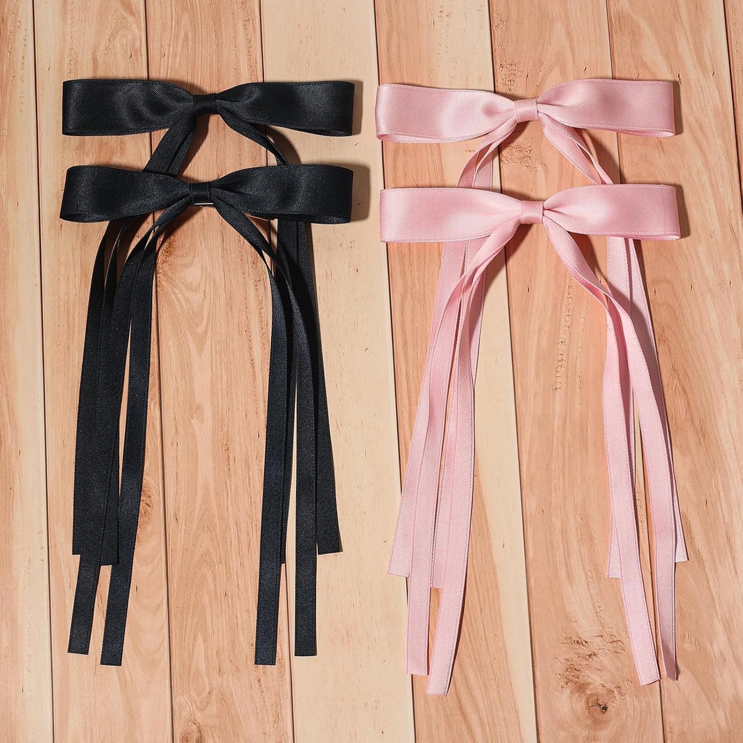 4pcs Tassel Ribbon Bowknot Hair Accessories with Long Tails, Solid Barrettes Claw Clips with Bows for Girls and Women (Navy Pink)