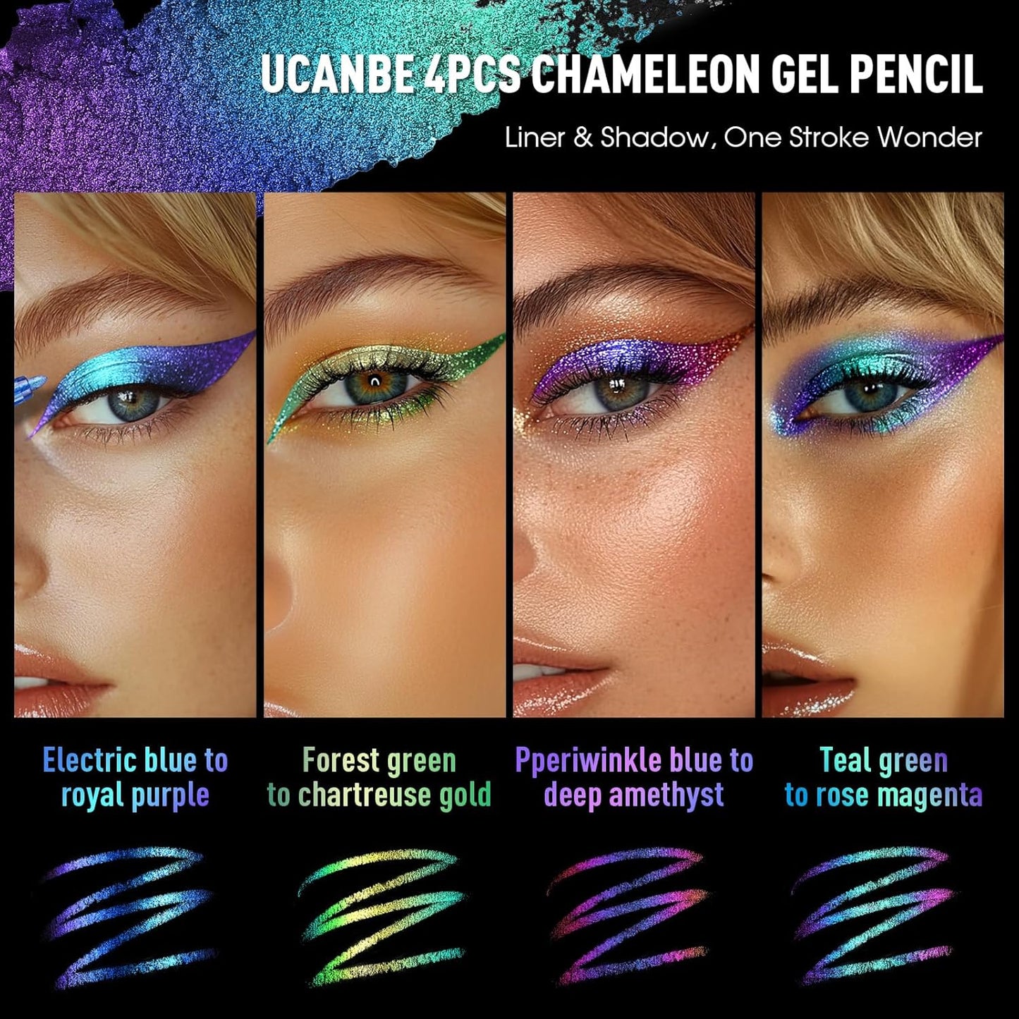 UCANBE 4PCS Chameleon Eyeshadow & Eyeliner Gel Pencil Set - Multichrome Shifting Colors Metallic Glitter Eye Makeup,Waterproof Long-Lasting Smudge-Proof Multi-Dimensional Color