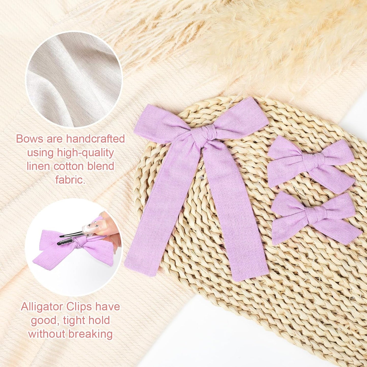 DEEKA Light Purple Cotton Linen Hair Bows 2 Sizes 5"&3.5" Soft Hair Bow set for Toddler Girls Long Ponytail Knot Bows Alligator Clip Hair Accessories for Little School Girls (Light Purple)