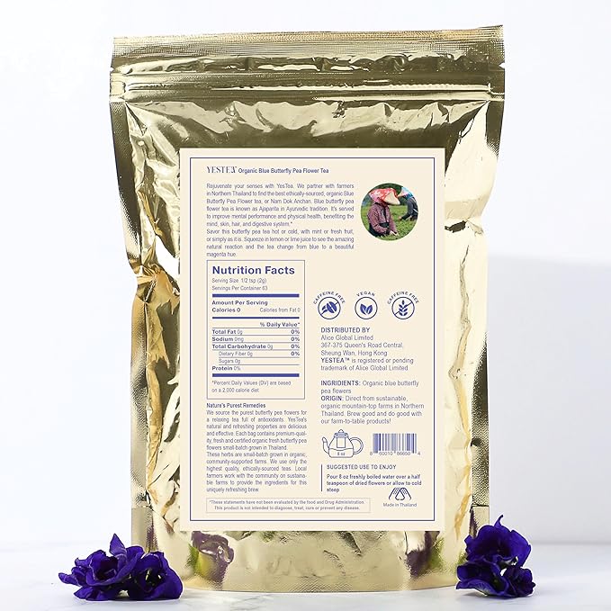 YESTEA 100% Organic Butterfly Pea Flower 4.41 oz (375+ Cups) Small-Batch and Handpicked from Thailand - Non GMO Rich in Antioxidants, Caffeine Free, Vegan, and Gluten Free (4.41 Oz)