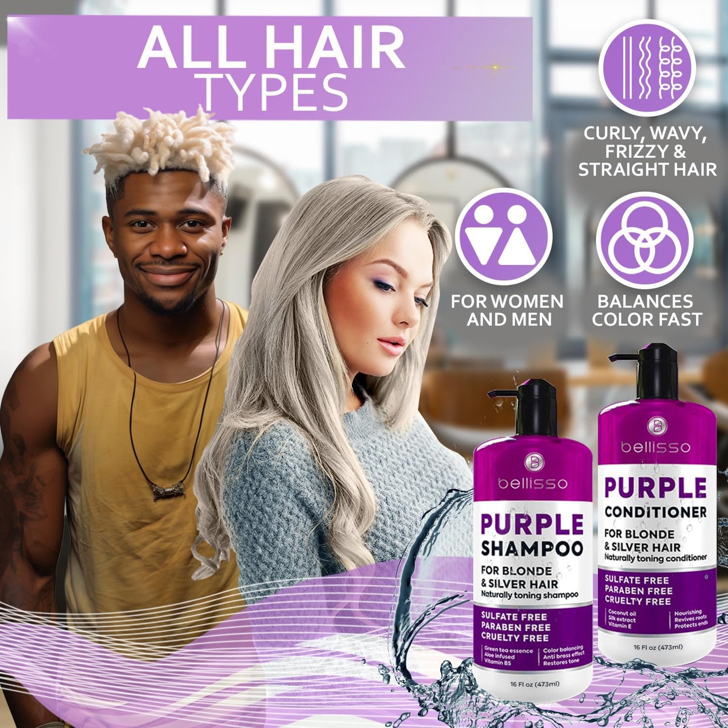 Purple Shampoo and Conditioner Set for Platinum Blonde, Silver, Light, Bleached and Grey Hair - Sulfate and Paraben Free Professional Salon Grade Toner (2 x 16.9 fl oz) – for Women and Men