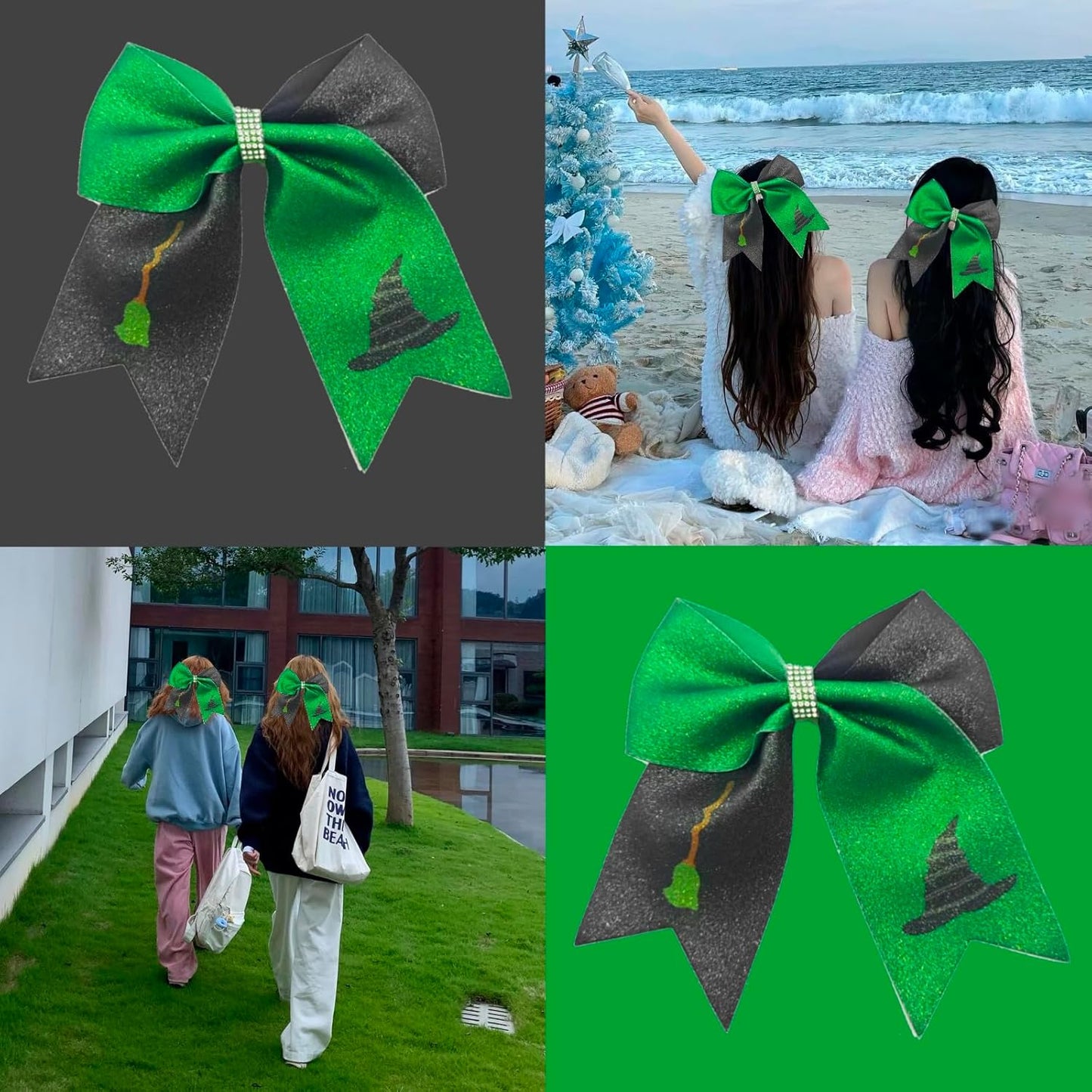 2Pcs Green & Pink Hair Bows – Witch Hair Accessories, Witch Merch Gifts for Women, Inspired Clips for Musical Fans & Costume Parties (Green)