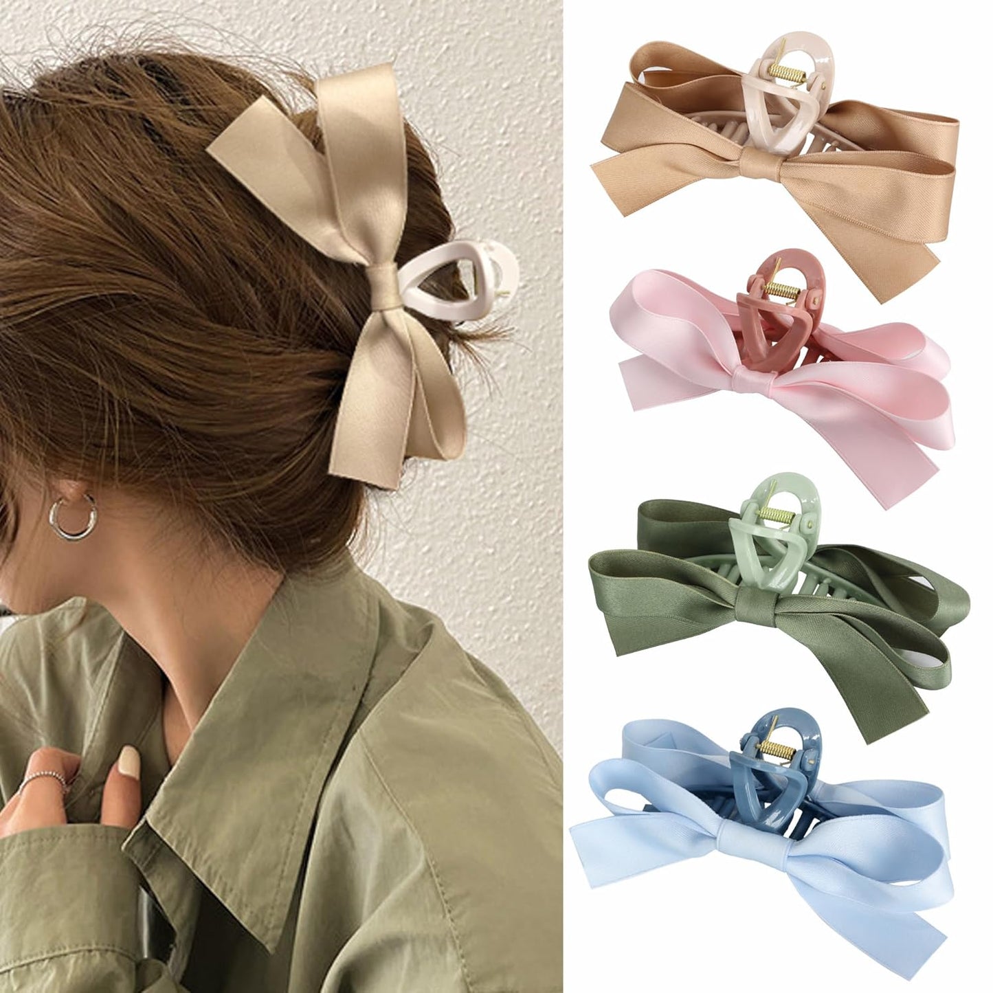 FAELBATY Women's Bow Hair Accessories - Silky Satin Clips with Knots for Thin to Thick Curly Hair, 4 Pcs