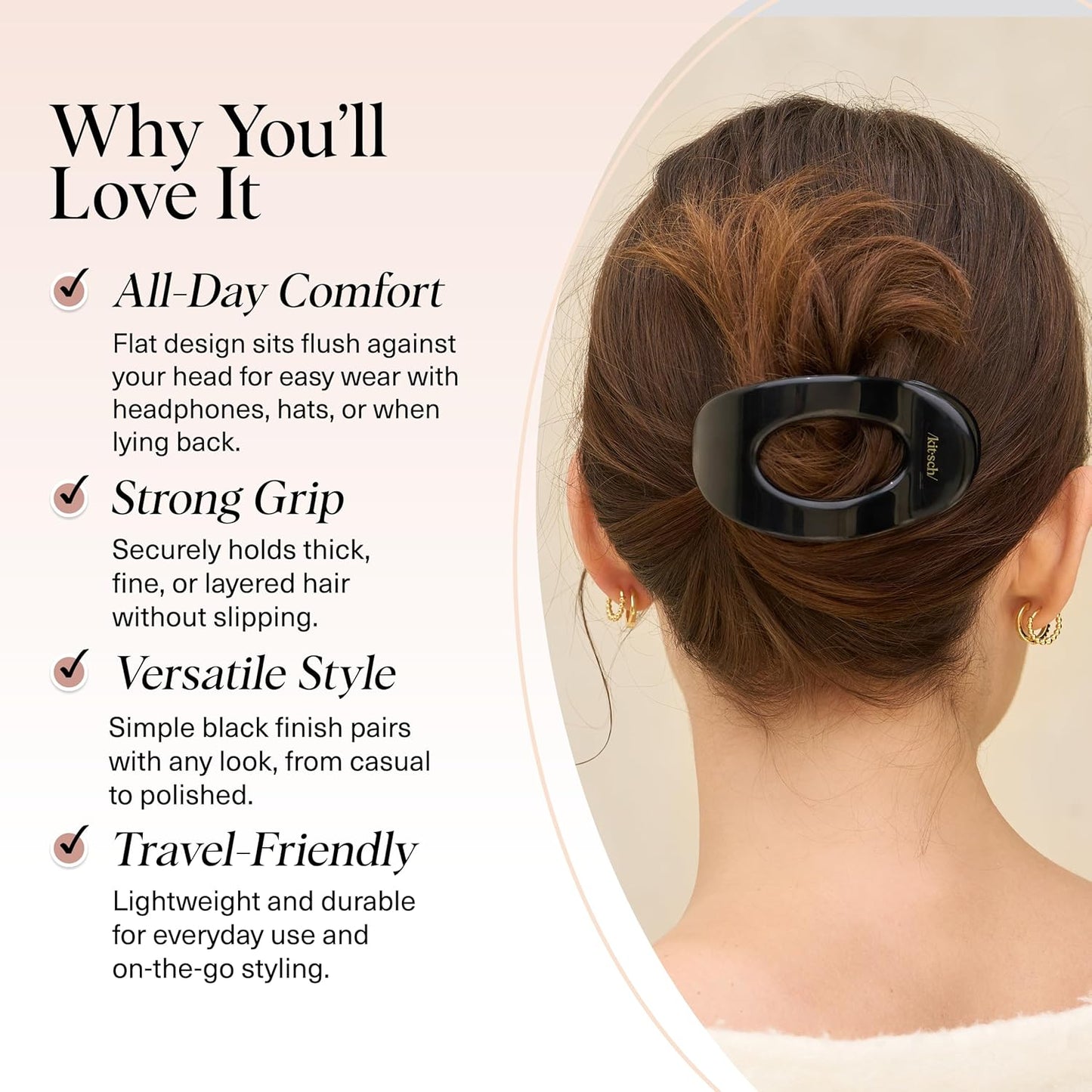 Kitsch Medium Flat Claw Clips for Women - Stylish Flat Hair Clips, Strong Hold for Thick & Fine Hair | Non-Slip for Secure, Comfortable All-Day Wear | Ideal Gifts for Women - Black