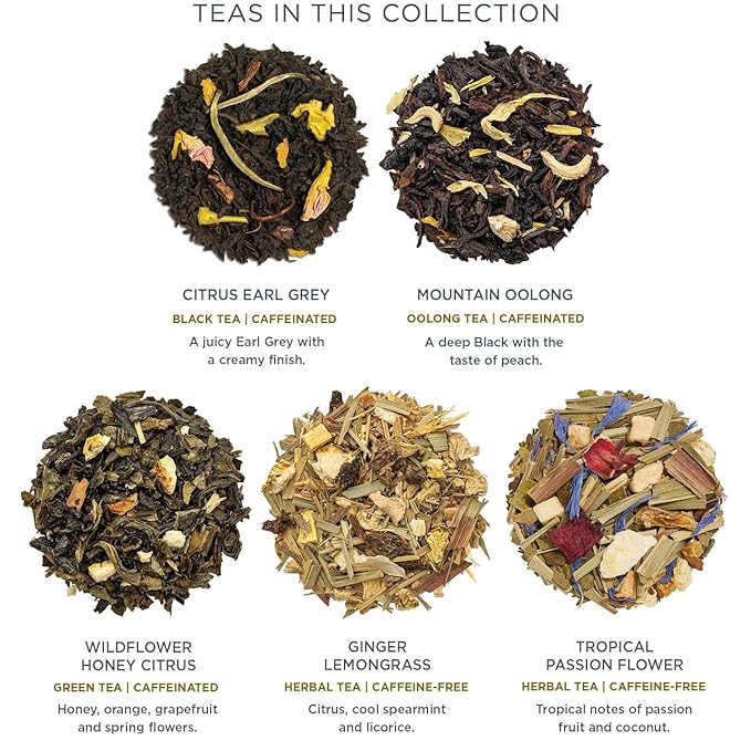 Tea Forte Demoiselle Petite Presentation Box Tea Gift Set Sampler, 10 Count, 2 of Each Variety Individually Wrapped Handcrafted Pyramid Infuser Bags