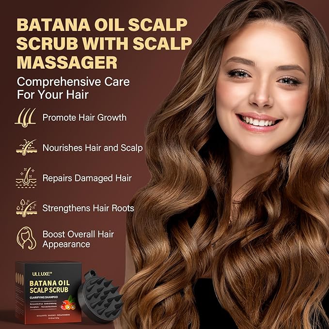Scalp Scrub for Hair Growth, 2-in-1 Shampoo Scalp Exfoliator with Batana Oil, Rosemary, Mint Oil Remove Dandruff, Hair Treatment with Scalp Scrubber, Thinning Hair & Itchy Scalp Treatment, 10.93 oz