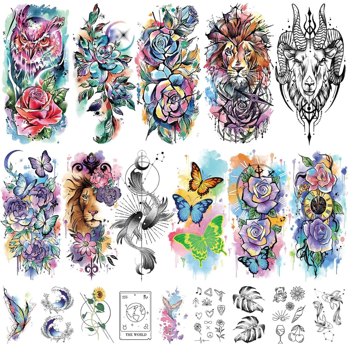 77 Sheets Temporary Tattoo, 17 Sheets Half Arm Lion Owl Antelope Rose Butterfly Constellation Chest Tattoos for Adults Men Women, 60 Sheets Small Tattoos Stickers for Boys Girls Kids Body Art Design