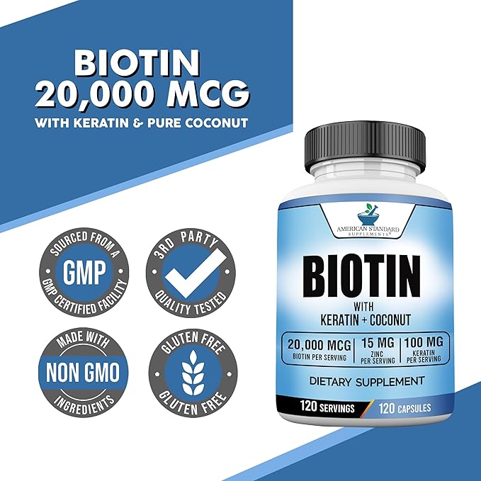 Biotin 20,000mcg with Keratin, Coconut Powder and Zinc, Hair Growth Supplements, Biotin Supplements, Healthy Hair Skin & Nails for Adults,120 Veggie Capsules, 120 Day Supply