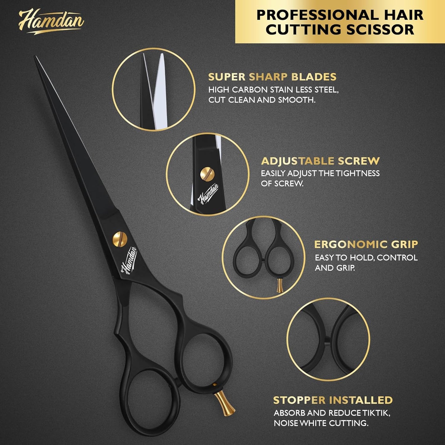 Hamdan 6.5” Matte Black Hair Scissors, Barber Shears for Men, Women & Kids – Ultra-Sharp Professional Hair Cutting Scissors with Pouch, Precision Haircut for Salon & Home - Tijeras De Peluqueria