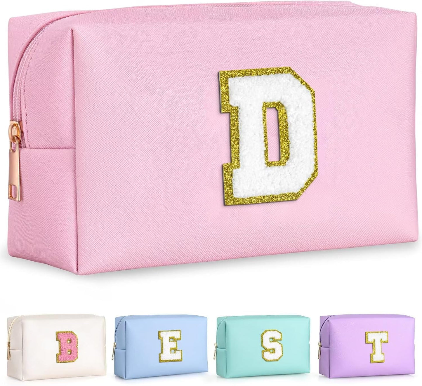 TOPEAST Preppy Small Makeup Bag, Chenille Letter Pouch Cosmetic Bag With Zipper, PU Leather Waterproof Toiletry Bag, Personalized Birthday Gift for Women, Cute Stuff for Girls (Pink D)