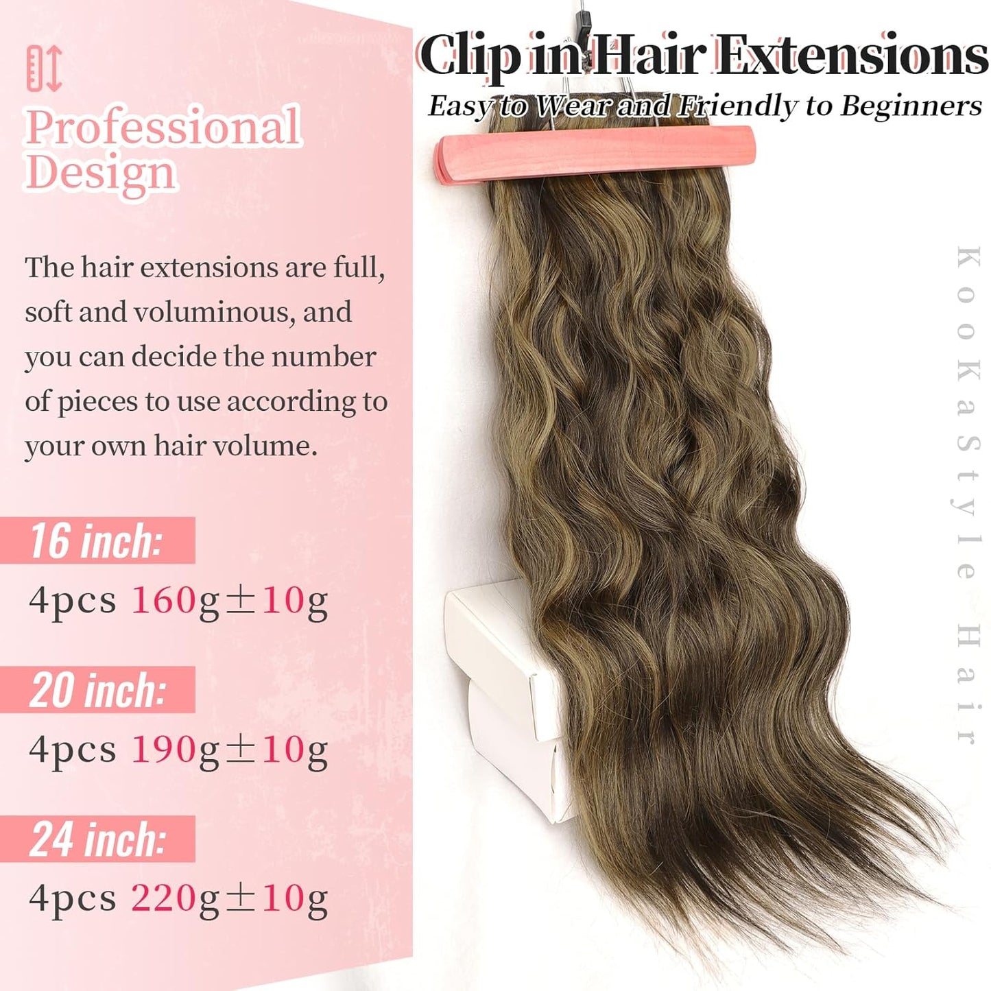 KooKaStyle Clip in Synthetic Hair Extensions Long Wavy 4PCS Thick Hairpieces Balayage Chocolate Brown to Caramel Blonde 10H26 Fiber Double Weft Natural Hair Extensions 24 Inch for Women